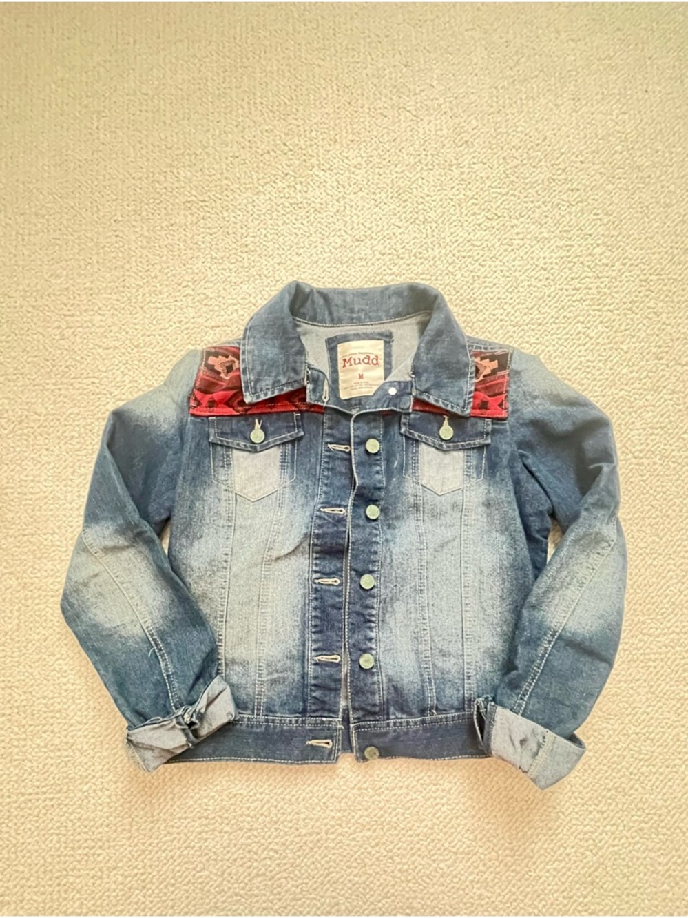 Mudd Women’s Blue Denim Jacket with Red Aztec Trim